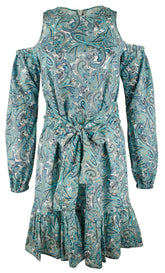 Women's Paisley Cold Shoulder Self Tie Belt Long Sleeved Dress-MB-L Midnight Blue
